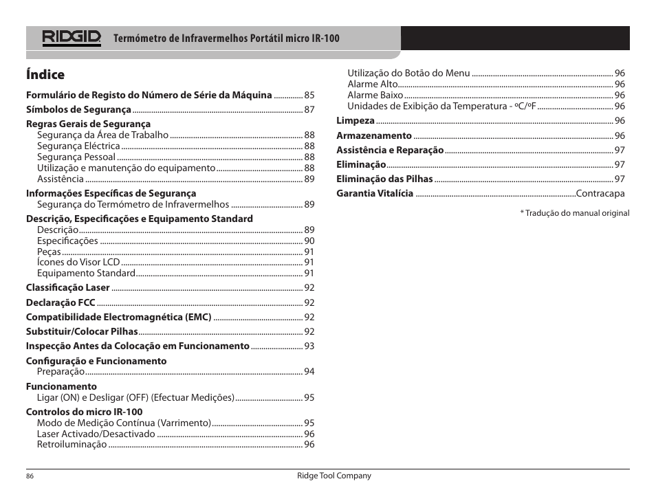 Índice | RIDGID micro IR-100 User Manual | Page 88 / 312