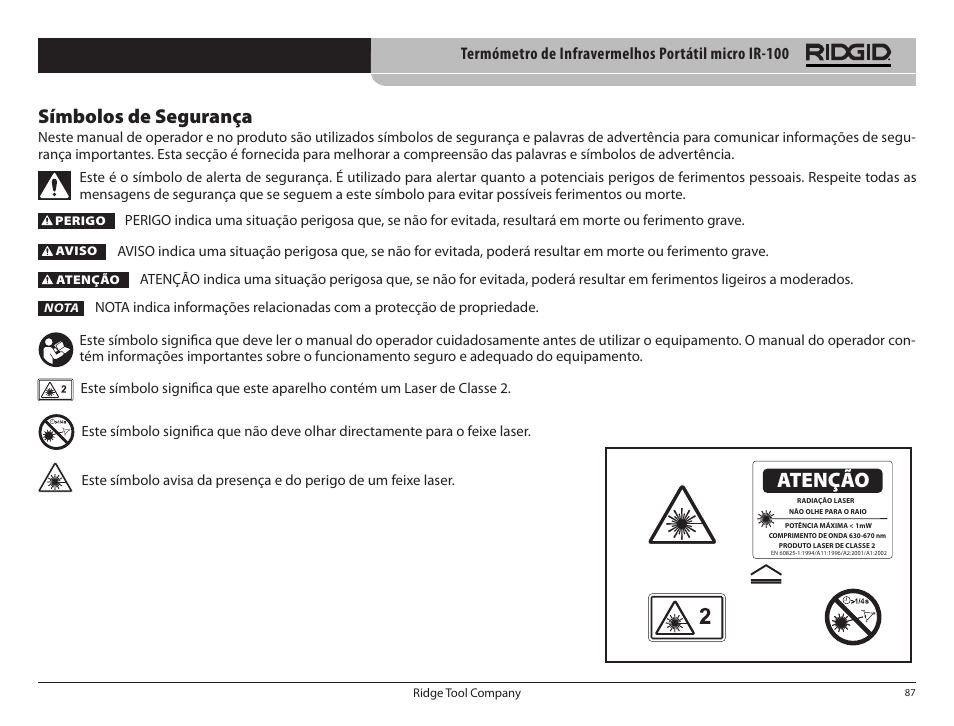 Atenção símbolos de segurança, Termómetro de infravermelhos portátil micro ir-100 | RIDGID micro IR-100 User Manual | Page 89 / 312