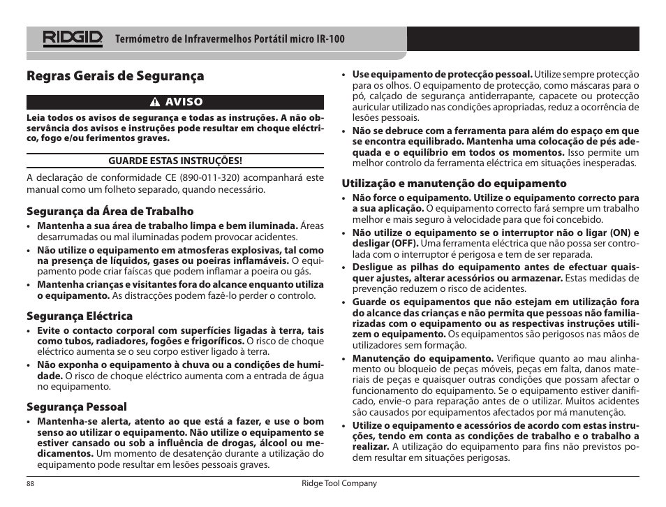 Regras gerais de segurança | RIDGID micro IR-100 User Manual | Page 90 / 312