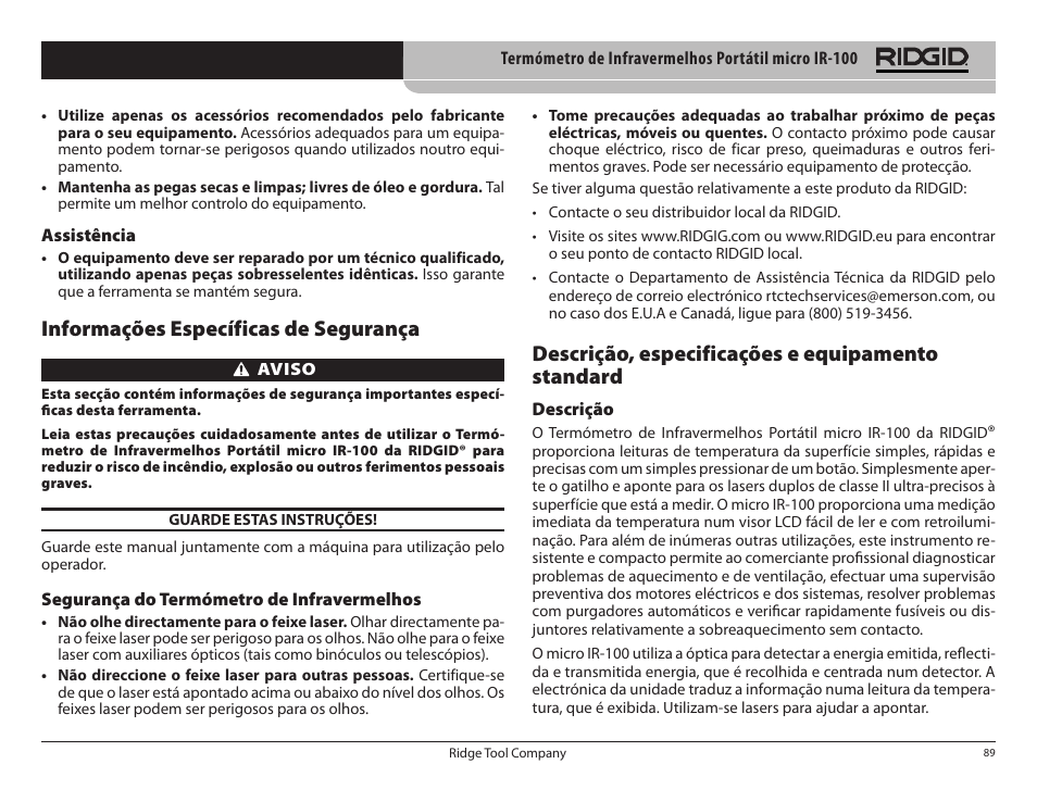 Informações específicas de segurança, Descrição, especificações e equipamento standard | RIDGID micro IR-100 User Manual | Page 91 / 312