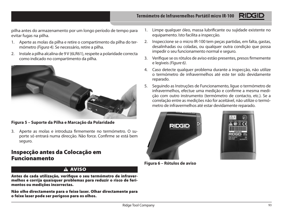 Inspecção antes da colocação em funcionamento | RIDGID micro IR-100 User Manual | Page 95 / 312