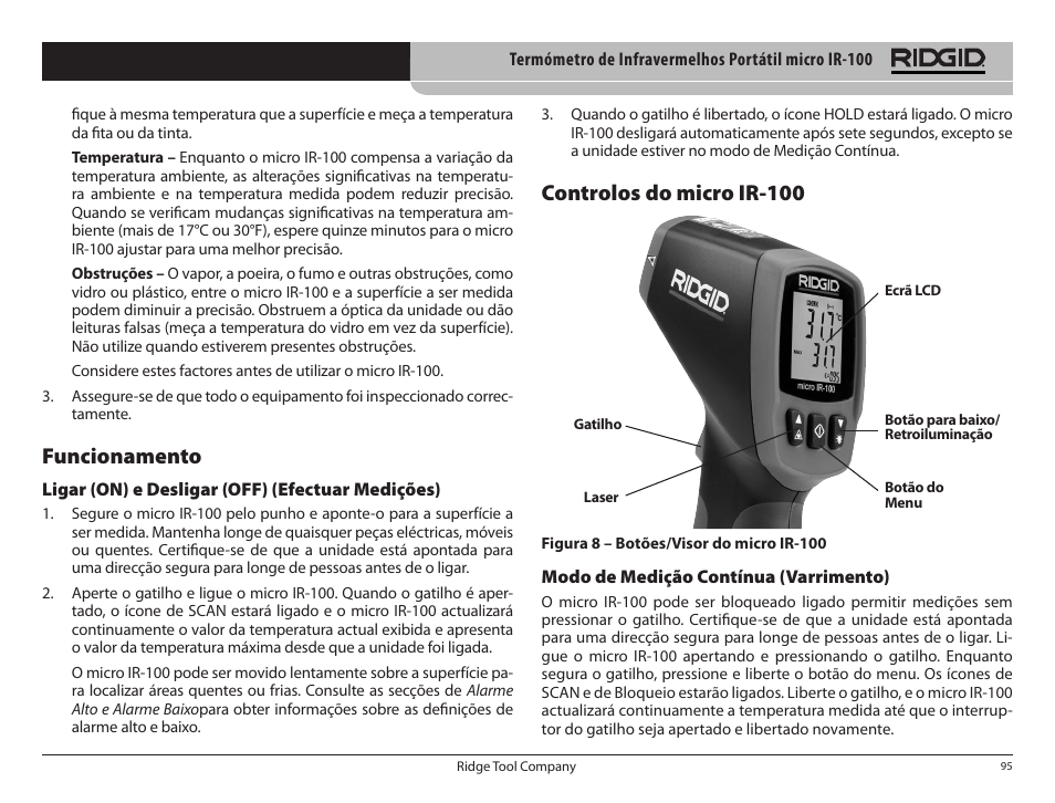 Controlos do micro ir­100, Funcionamento | RIDGID micro IR-100 User Manual | Page 97 / 312