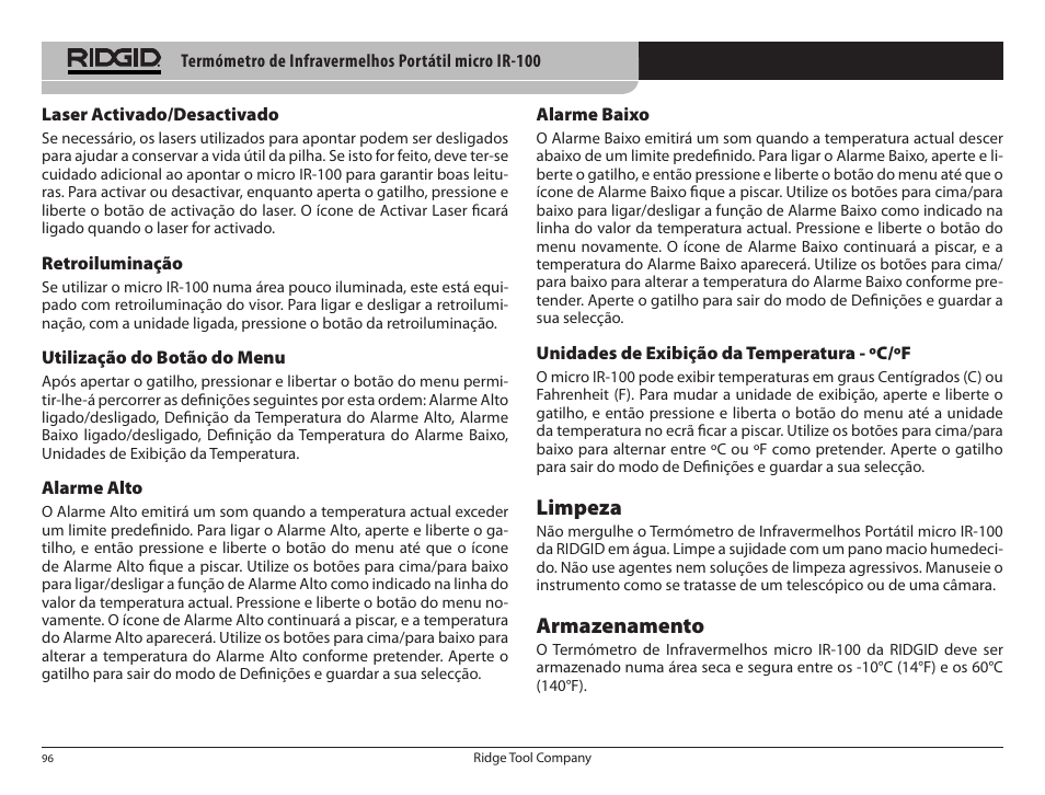 Limpeza, Armazenamento | RIDGID micro IR-100 User Manual | Page 98 / 312