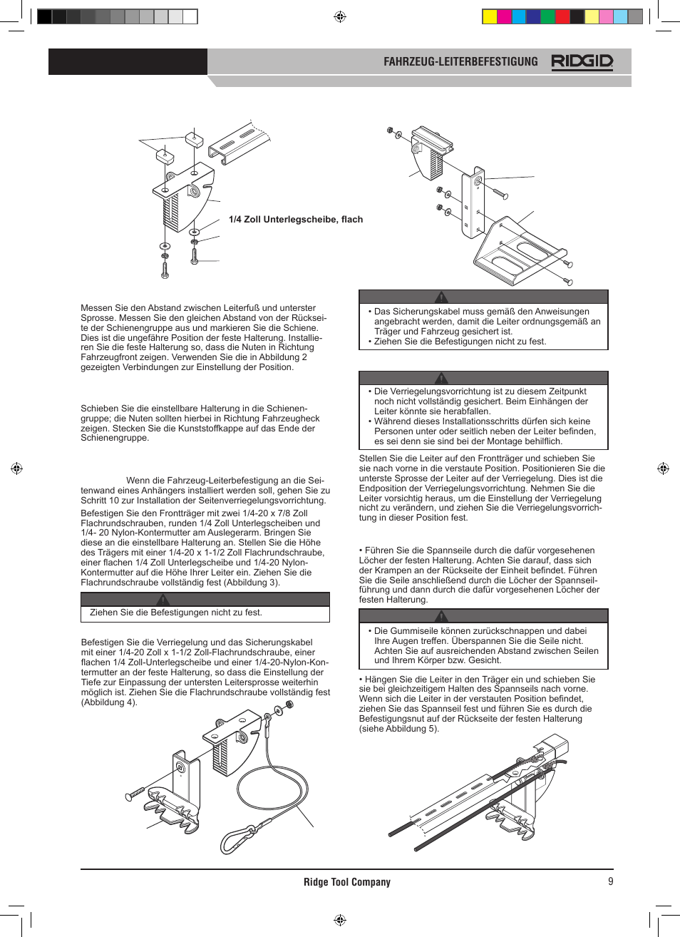 Fahrzeug-leiterbefestigung, Achtung warnung achtung warnung | RIDGID SLIDING LADDER RACK 250 User Manual | Page 10 / 80