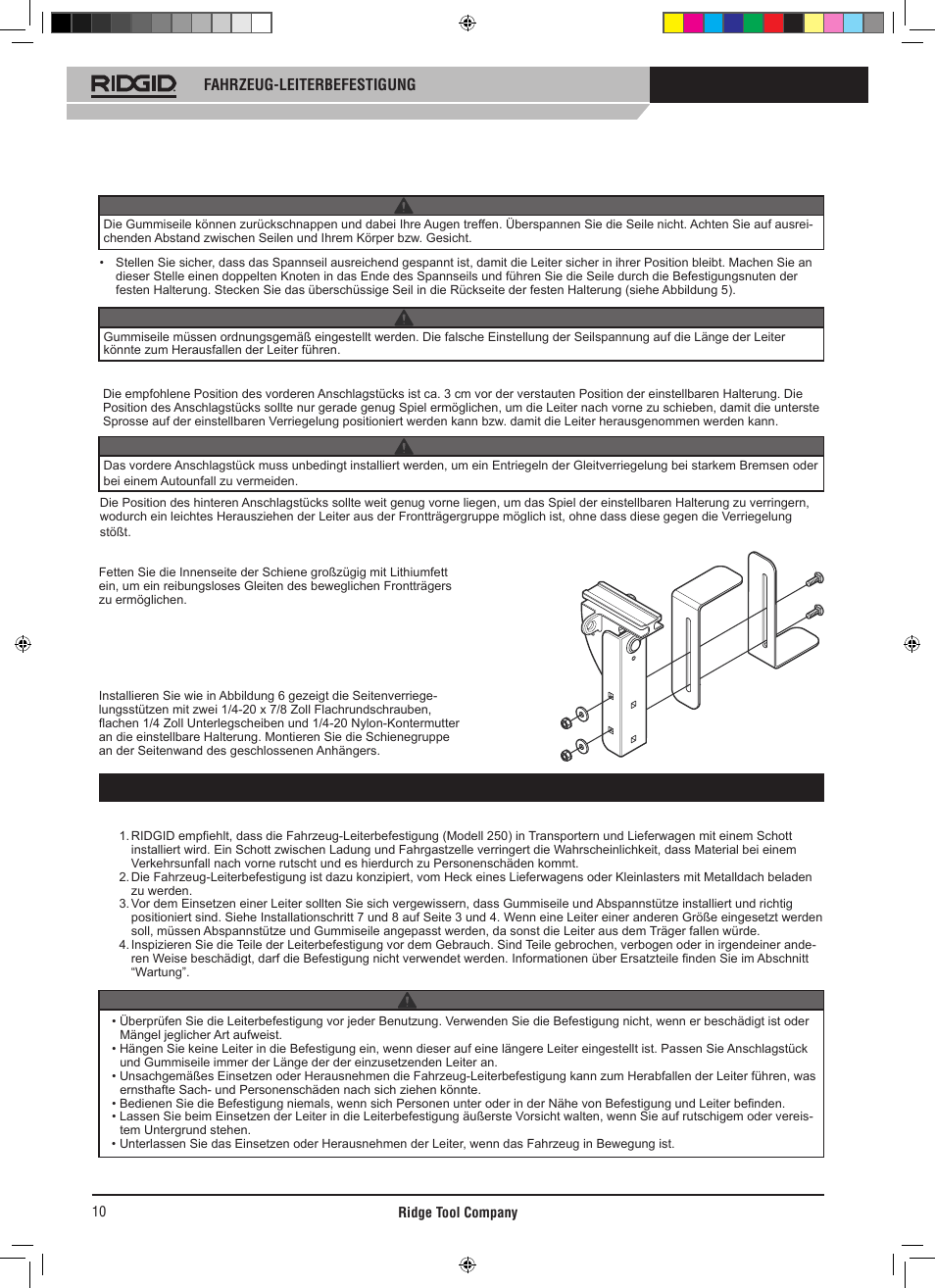 Bedienungsanweisungen, Fahrzeug-leiterbefestigung, Warnung | RIDGID SLIDING LADDER RACK 250 User Manual | Page 11 / 80