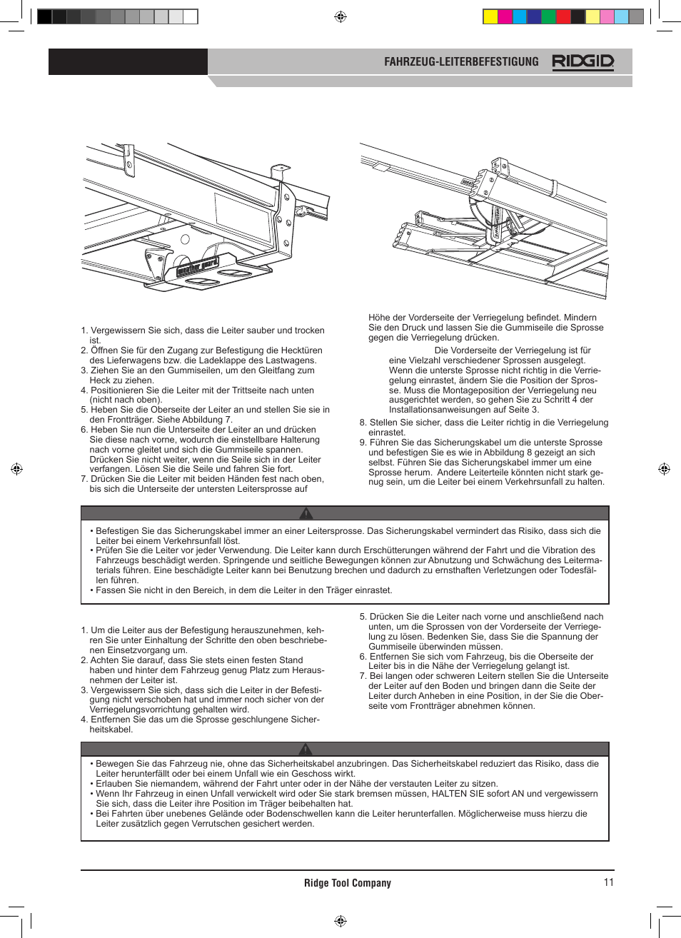 Fahrzeug-leiterbefestigung, Warnung | RIDGID SLIDING LADDER RACK 250 User Manual | Page 12 / 80