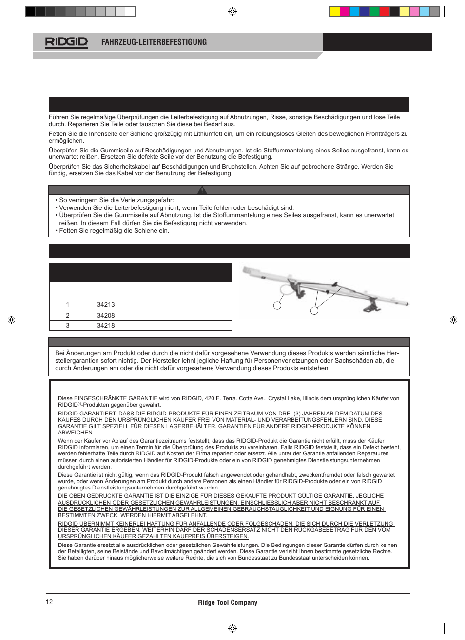 Allgemeine wartungshinweise, Ersatzteile, Fahrzeug-leiterbefestigung | Warnung -hinweis | RIDGID SLIDING LADDER RACK 250 User Manual | Page 13 / 80