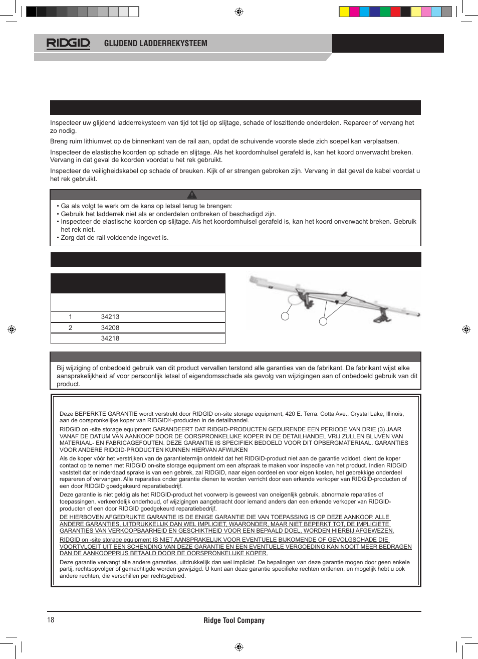 Algemeen onderhoud, Reserveonderdelen, Glijdend ladderrekysteem | Waarschuwing -opgelet | RIDGID SLIDING LADDER RACK 250 User Manual | Page 19 / 80