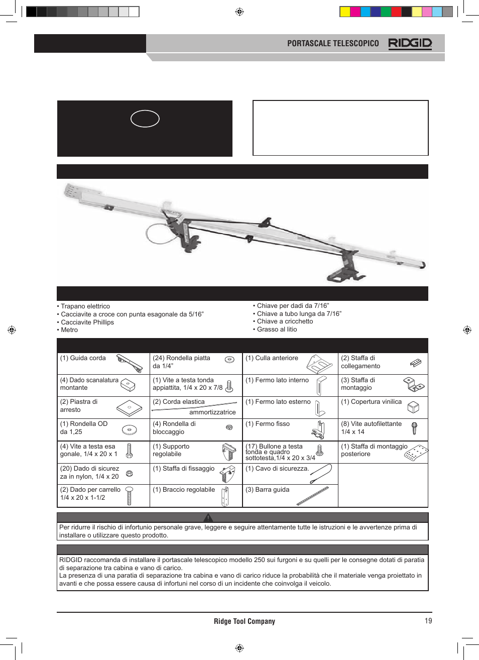 Istruzioni per l’uso, Portascale telescopico, Modello | Elenco parti | RIDGID SLIDING LADDER RACK 250 User Manual | Page 20 / 80