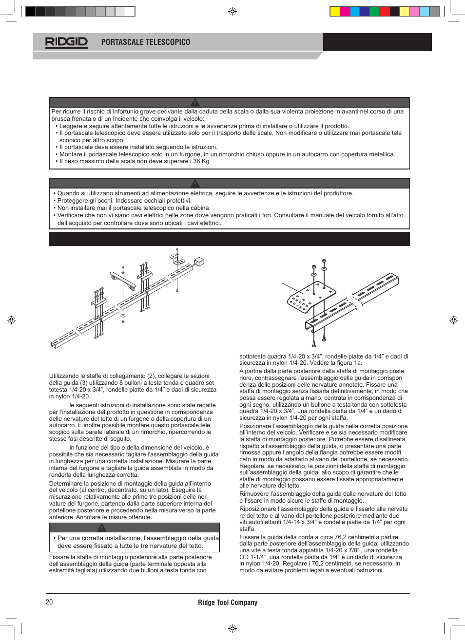 Istruzioni per l’installazione, Portascale telescopico, Avvertenza | Avvertenza attenzione | RIDGID SLIDING LADDER RACK 250 User Manual | Page 21 / 80