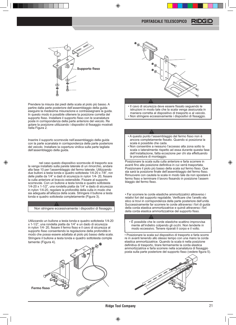 Portascale telescopico, Attenzione avvertenza attenzione avvertenza | RIDGID SLIDING LADDER RACK 250 User Manual | Page 22 / 80