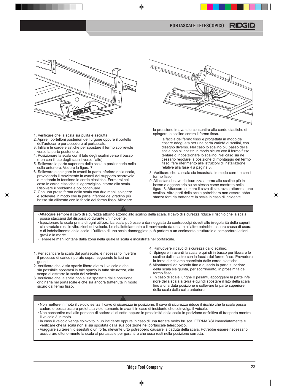 Portascale telescopico, Avvertenza | RIDGID SLIDING LADDER RACK 250 User Manual | Page 24 / 80