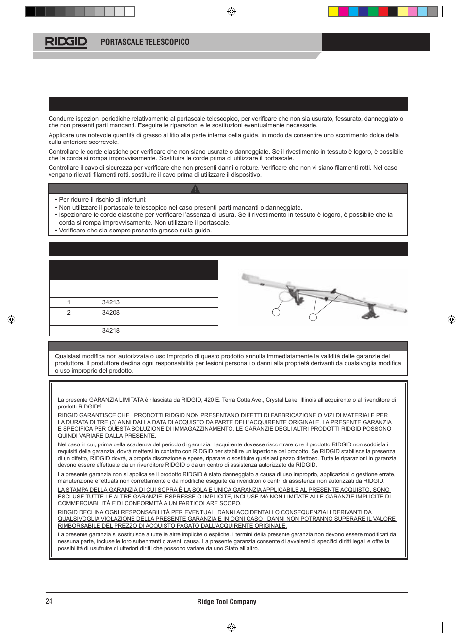 Manutenzione generale, Ricambi, Portascale telescopico | Avvertenza -nota | RIDGID SLIDING LADDER RACK 250 User Manual | Page 25 / 80