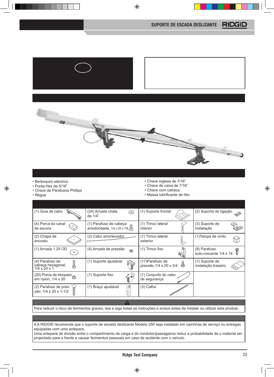 Instruções de operação, Suporte de escada deslizante, Modelo 250 | Lista de peças | RIDGID SLIDING LADDER RACK 250 User Manual | Page 26 / 80