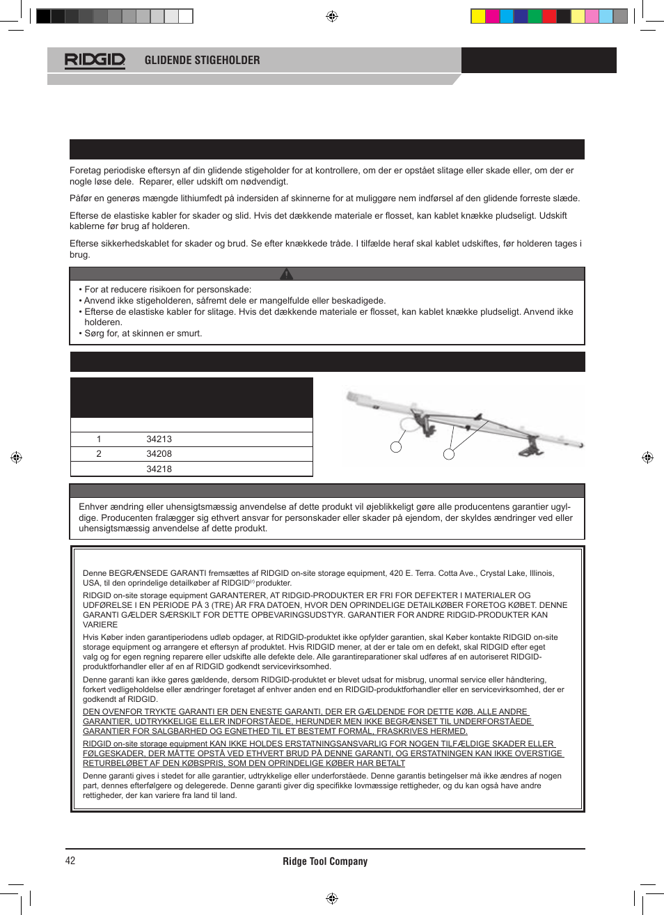 Almindelig vedligeholdelse, Reservedele, Glidende stigeholder | Advarsel -bemærk | RIDGID SLIDING LADDER RACK 250 User Manual | Page 43 / 80