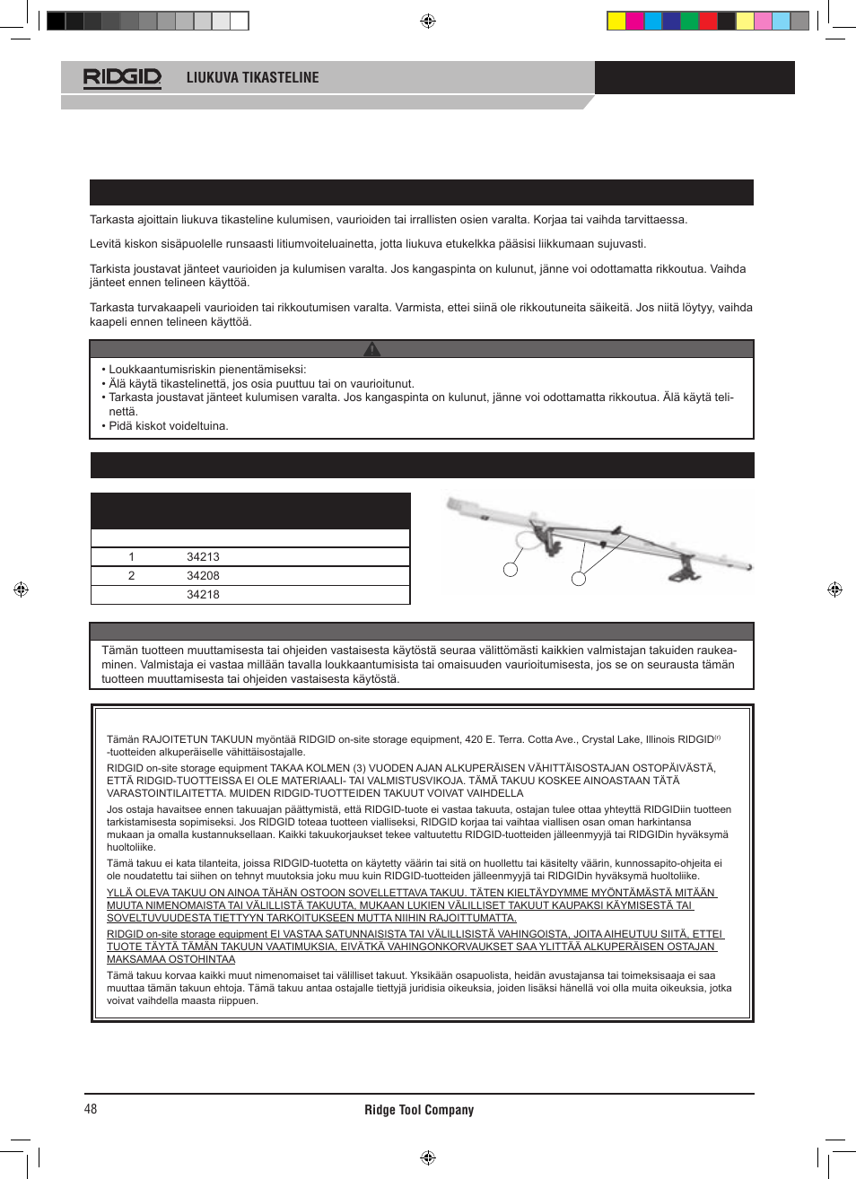 Yleinen kunnossapito, Huolto-osat, Liukuva tikasteline | Varoitus -huomautus | RIDGID SLIDING LADDER RACK 250 User Manual | Page 49 / 80