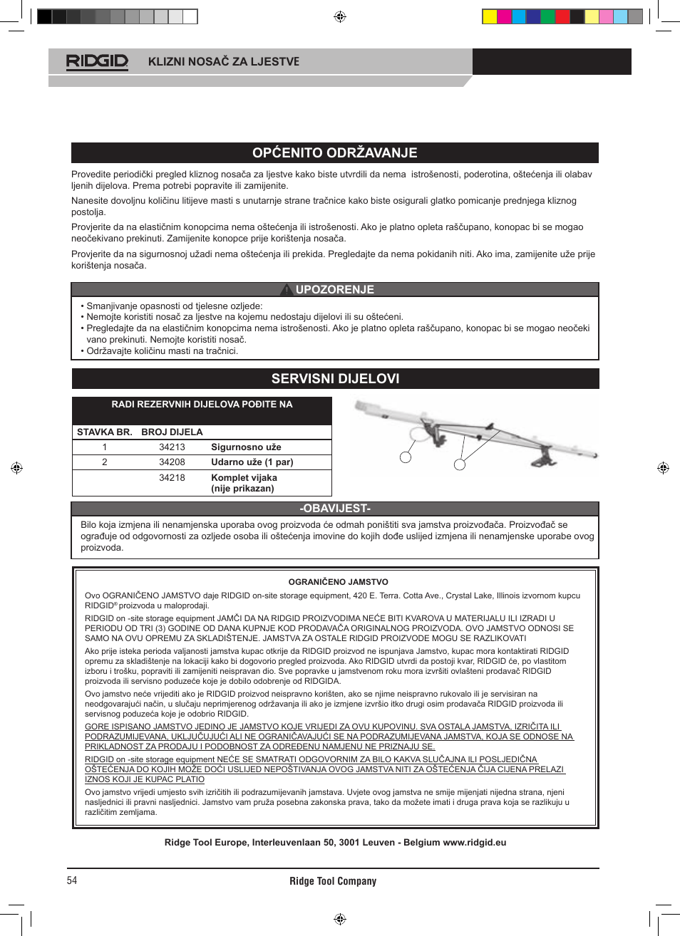 Općenito održavanje, Servisni dijelovi, Klizni nosač za ljestve | Upozorenje -obavijest | RIDGID SLIDING LADDER RACK 250 User Manual | Page 55 / 80