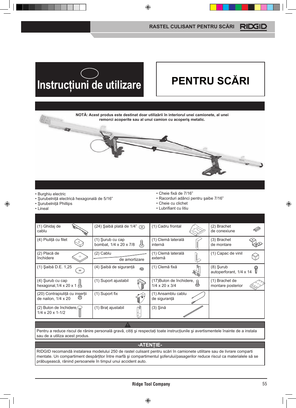 Instrucţiuni de utilizare, Rastel culisant pentru scări, Model 250 | Lista de piese | RIDGID SLIDING LADDER RACK 250 User Manual | Page 56 / 80