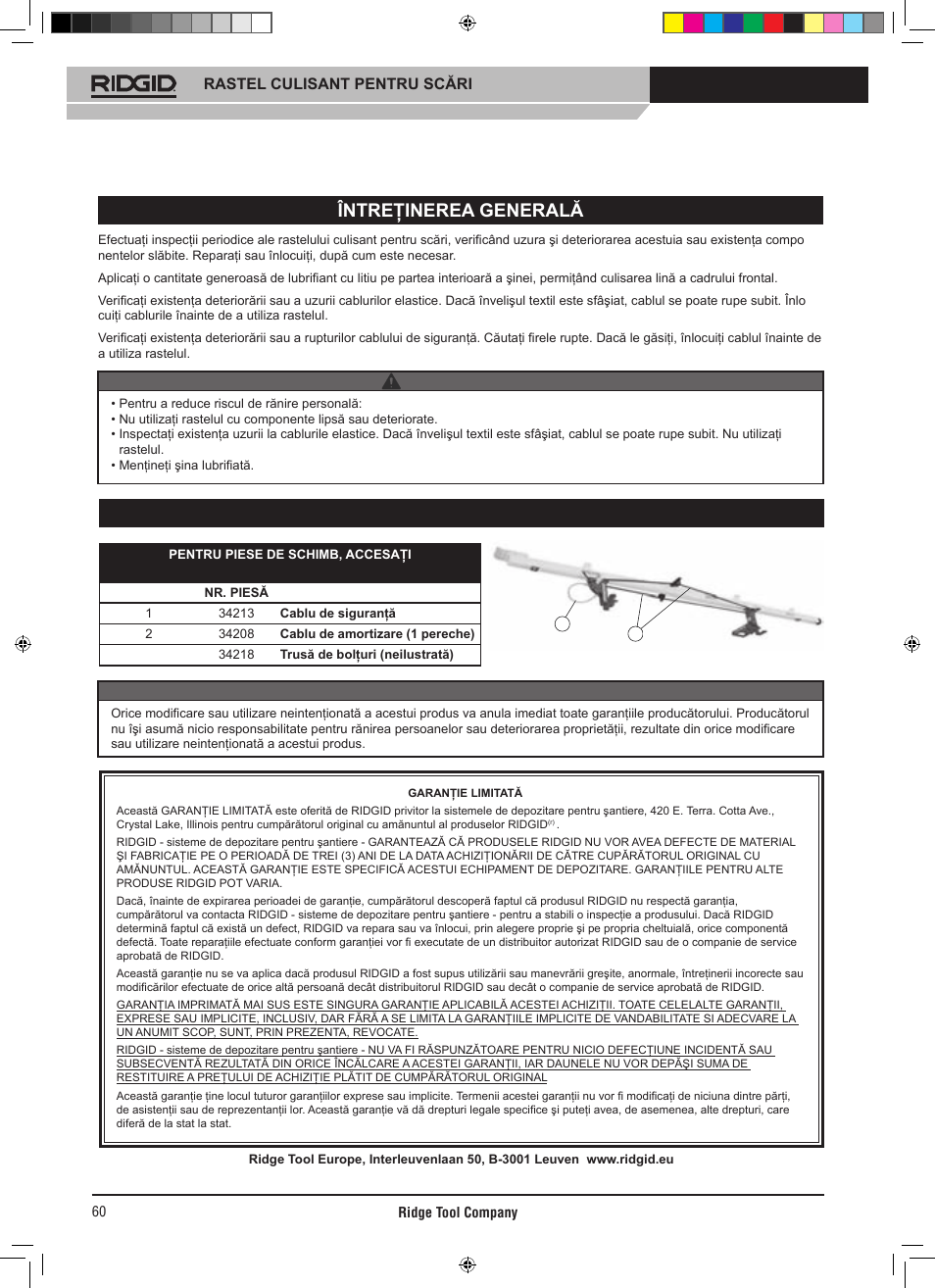 Întreţinerea generală, Componente pentru depanare, Rastel culisant pentru scări | Avertisment -notificare | RIDGID SLIDING LADDER RACK 250 User Manual | Page 61 / 80