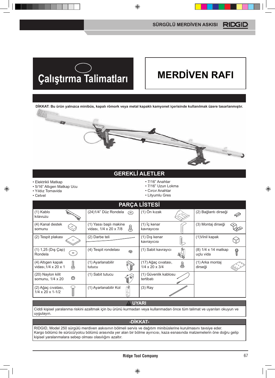 Çalıştırma talimatları, Sürgülü merdiven rafi, Model 250 | Parça listesi | RIDGID SLIDING LADDER RACK 250 User Manual | Page 68 / 80