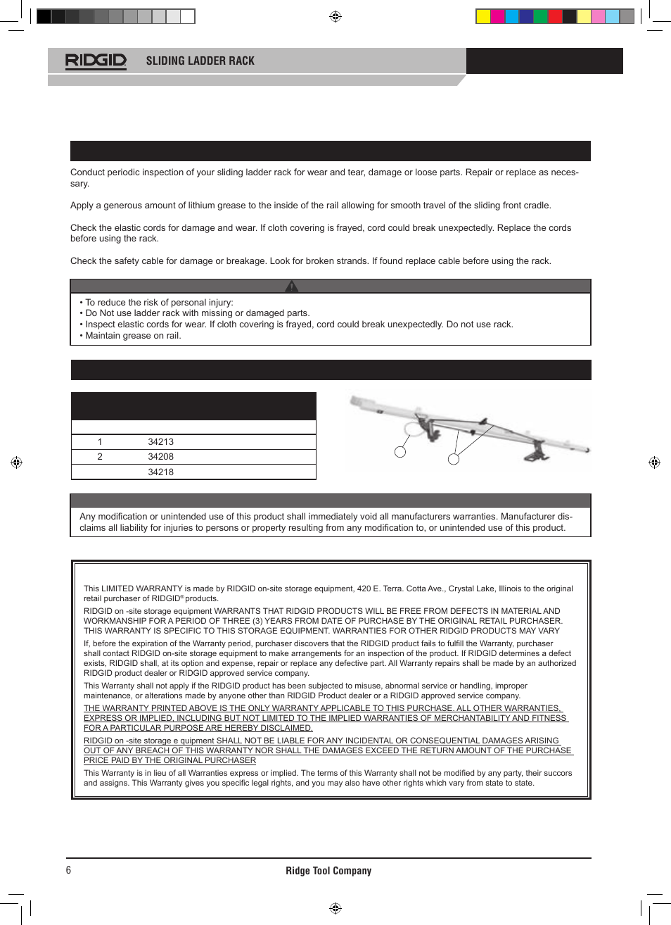 General maintenance, Service parts, Sliding ladder rack | Warning –notice | RIDGID SLIDING LADDER RACK 250 User Manual | Page 7 / 80