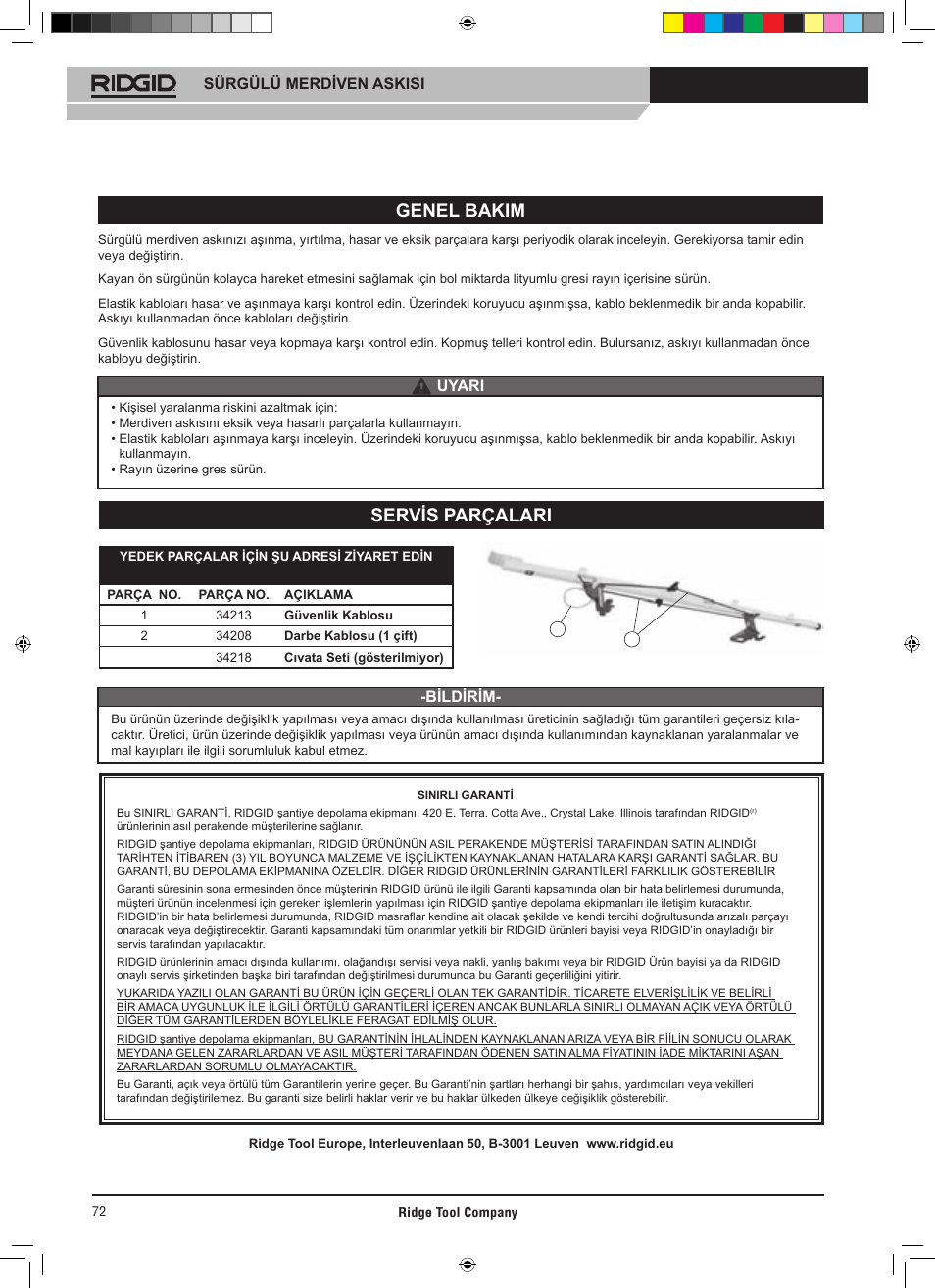 Genel bakim, Servis parçalari, Sürgülü merdiven askisi | Uyari -bildirim | RIDGID SLIDING LADDER RACK 250 User Manual | Page 73 / 80