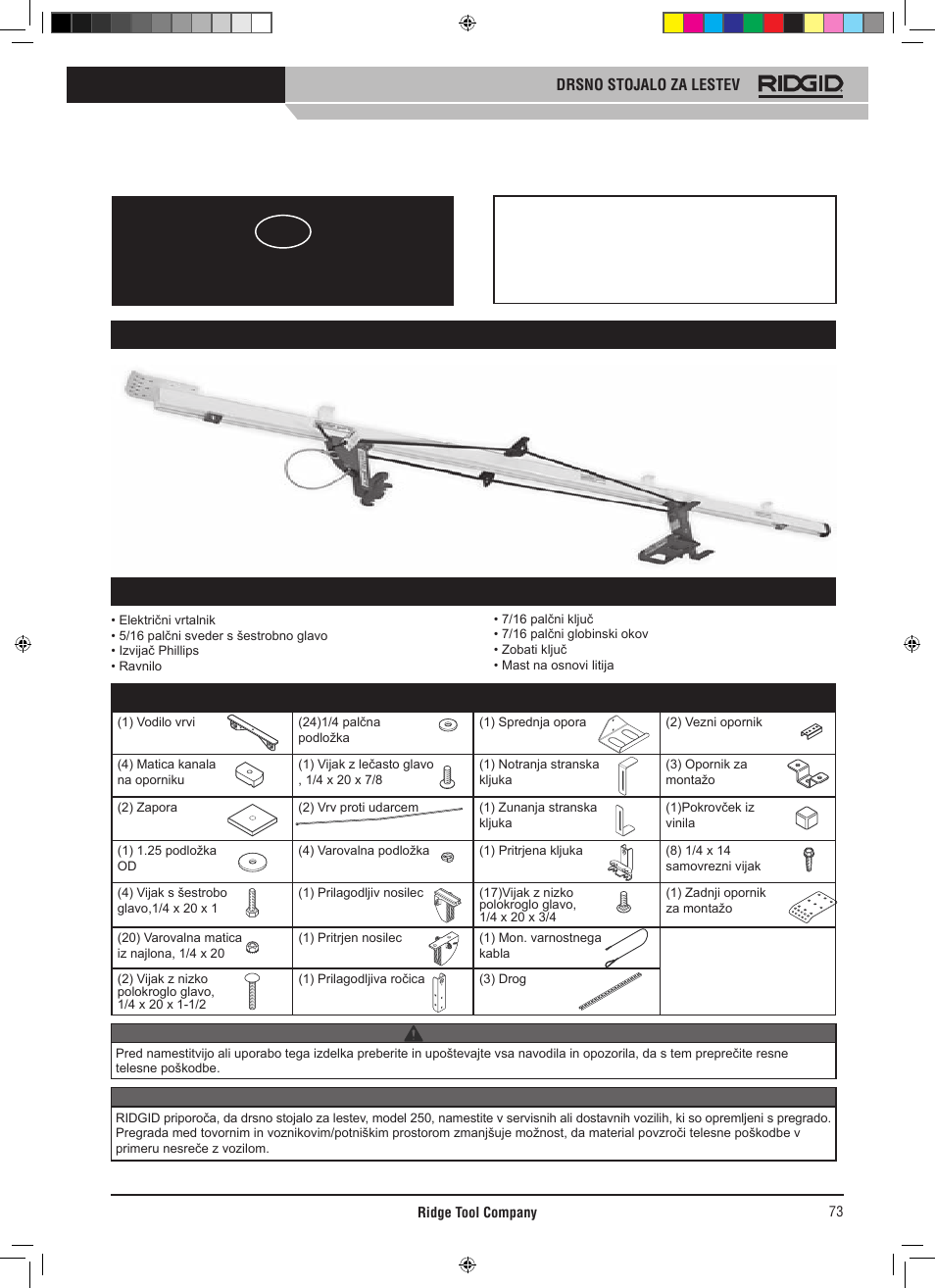 Navodila za uporabo, Drsno stojalo za lestev, Model 250 | Seznam delov | RIDGID SLIDING LADDER RACK 250 User Manual | Page 74 / 80