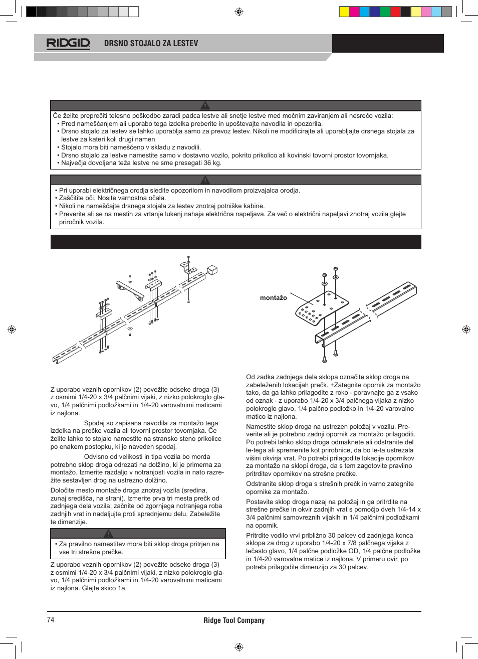 Navodila za namestitev | RIDGID SLIDING LADDER RACK 250 User Manual | Page 75 / 80