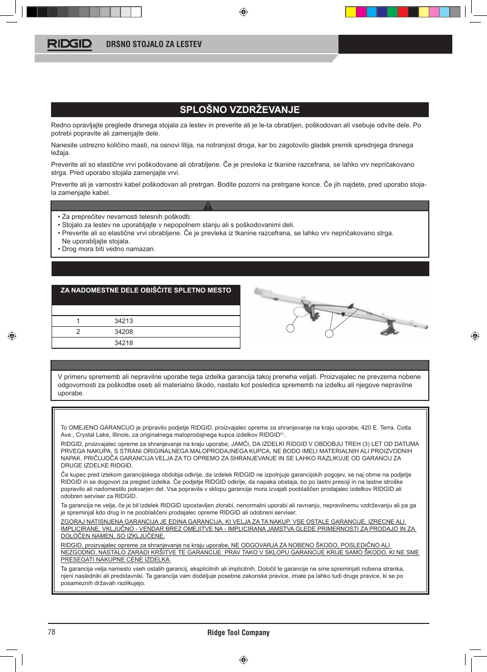 Splošno vzdrževanje, Nadomestni deli, Drsno stojalo za lestev | Opozorilo -opomin | RIDGID SLIDING LADDER RACK 250 User Manual | Page 79 / 80