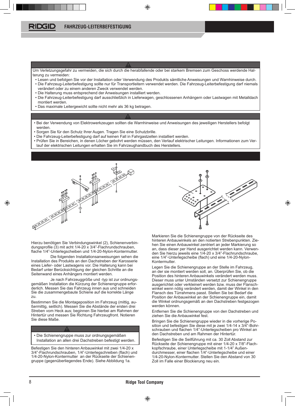 Installationsanweisungen, Fahrzeug-leiterbefestigung, Warnung | Warnung achtung | RIDGID SLIDING LADDER RACK 250 User Manual | Page 9 / 80