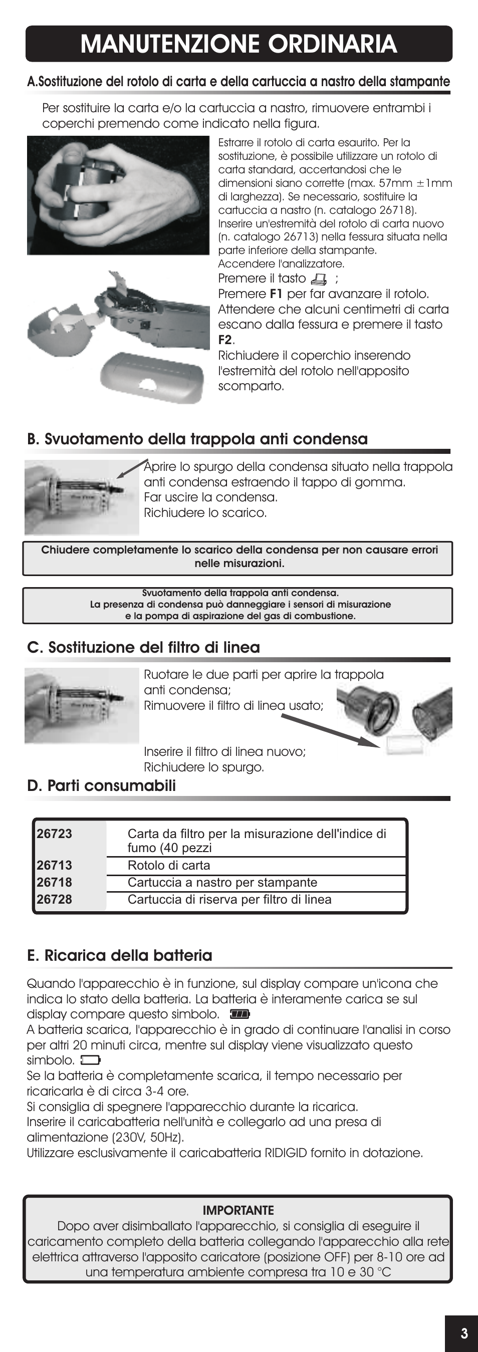 Manutenzione ordinaria, C. sostituzione del filtro di linea, D. parti consumabili | B. svuotamento della trappola anti condensa, E. ricarica della batteria | RIDGID FG-100 User Manual | Page 13 / 95