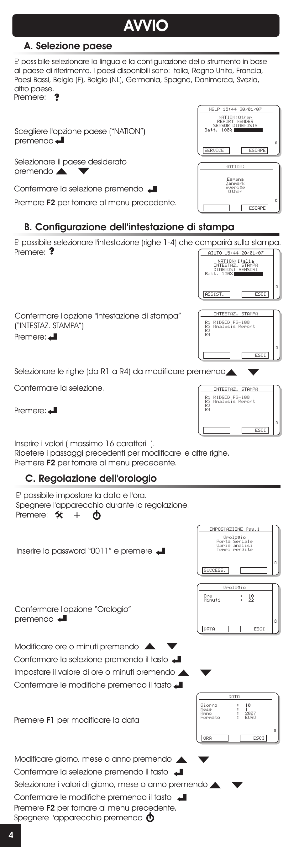 Avvio, A. selezione paese, Premere | RIDGID FG-100 User Manual | Page 14 / 95