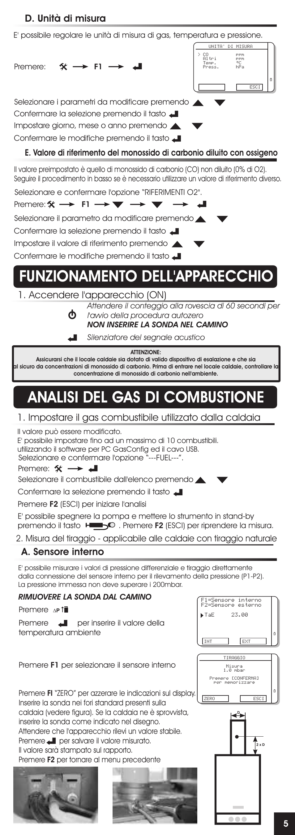 Funzionamento dell'apparecchio, Analisi del gas di combustione, Accendere l'apparecchio (on) | A. sensore interno | RIDGID FG-100 User Manual | Page 15 / 95