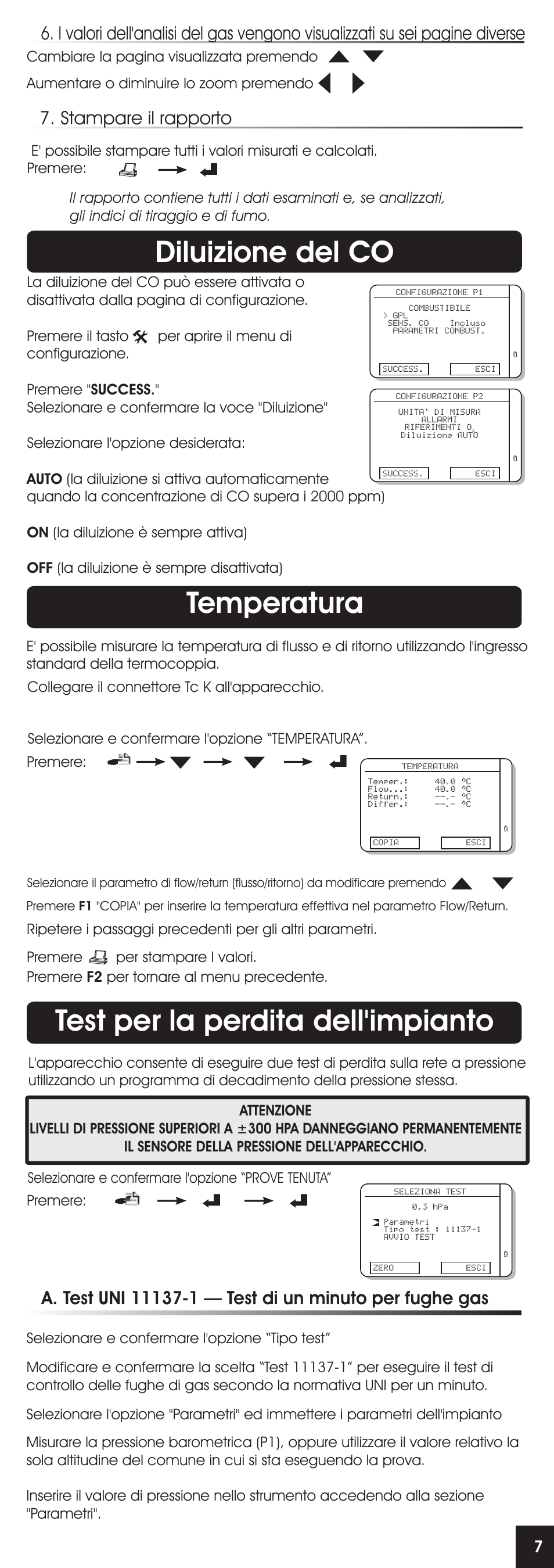 Test per la perdita dell'impianto temperatura, Diluizione del co, Cambiare la pagina visualizzata premendo | RIDGID FG-100 User Manual | Page 17 / 95