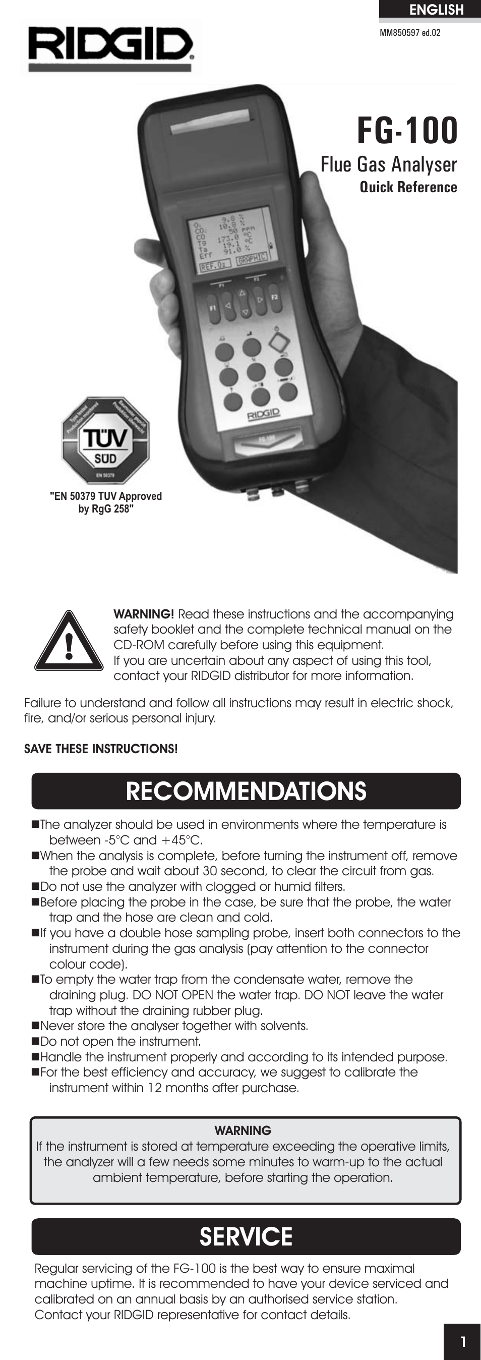 Fg-100, Recommendations, Service | Flue gas analyser | RIDGID FG-100 User Manual | Page 2 / 95