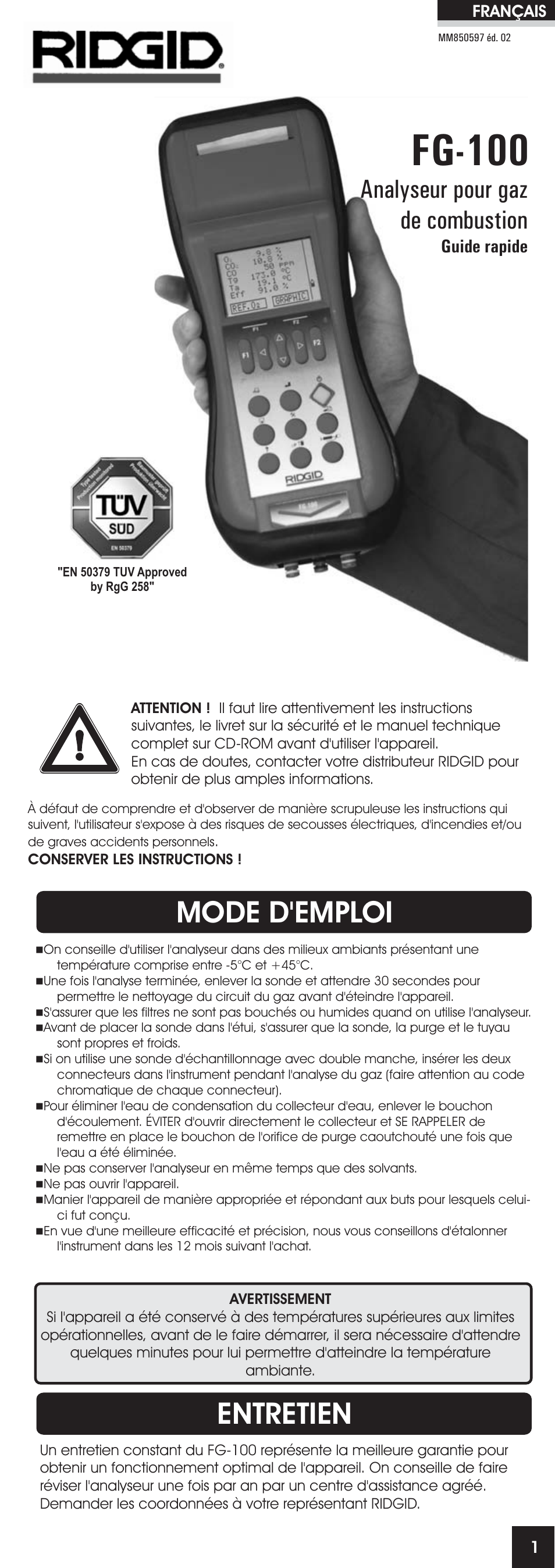 Fg-100, Mode d'emploi, Entretien | Analyseur pour gaz de combustion, Guide rapide | RIDGID FG-100 User Manual | Page 21 / 95