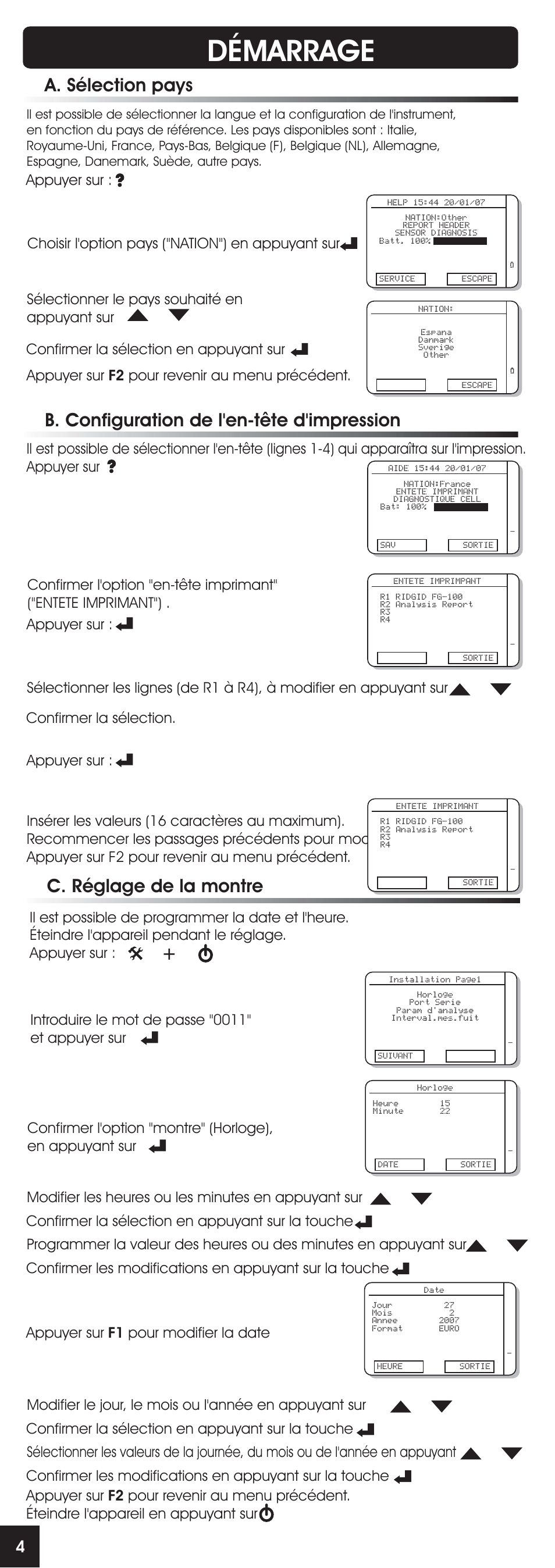 Démarrage, A. sélection pays, Appuyer sur | RIDGID FG-100 User Manual | Page 24 / 95