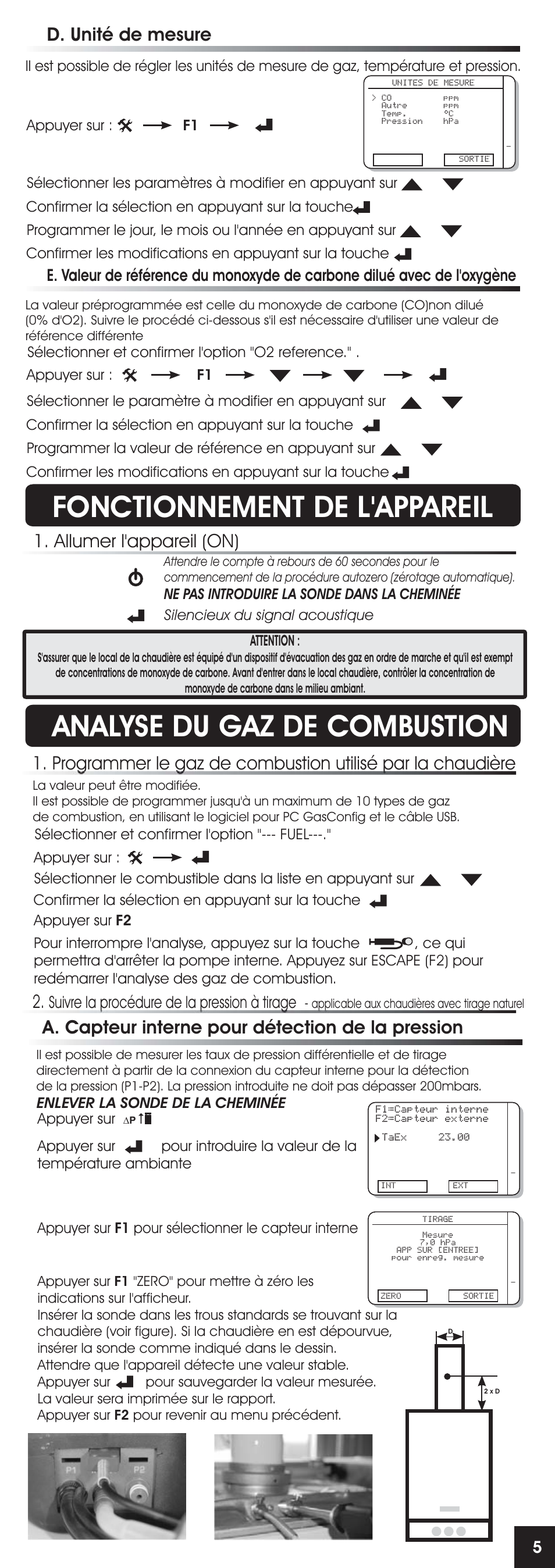 Fonctionnement de l'appareil, Analyse du gaz de combustion, Allumer l'appareil (on) | D. unité de mesure, A. capteur interne pour détection de la pression, Suivre la procédure de la pression à tirage | RIDGID FG-100 User Manual | Page 25 / 95