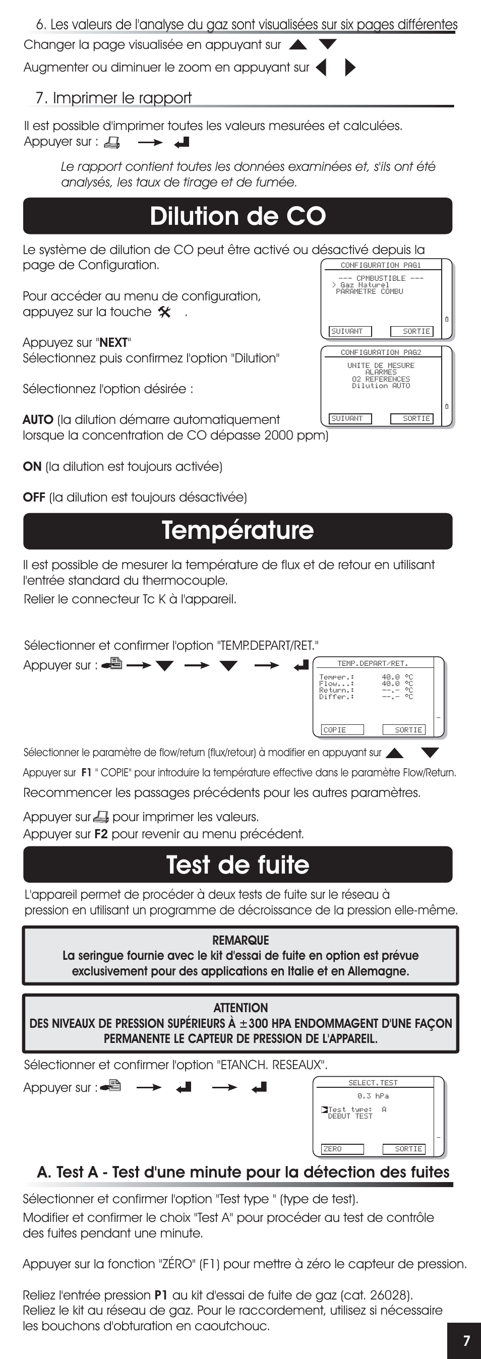 Dilution de co, Test de fuite température, Imprimer le rapport | RIDGID FG-100 User Manual | Page 27 / 95