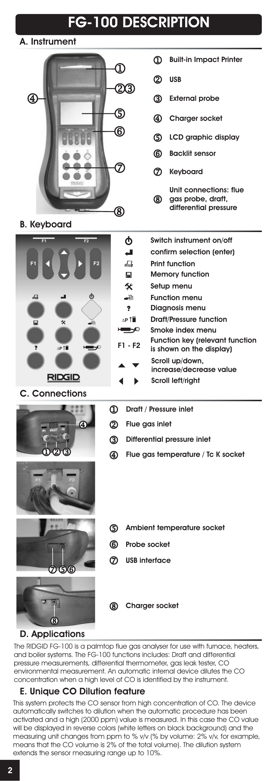 Fg-100 description, A. instrument b. keyboard c. connections, D. applications | E. unique co dilution feature | RIDGID FG-100 User Manual | Page 3 / 95