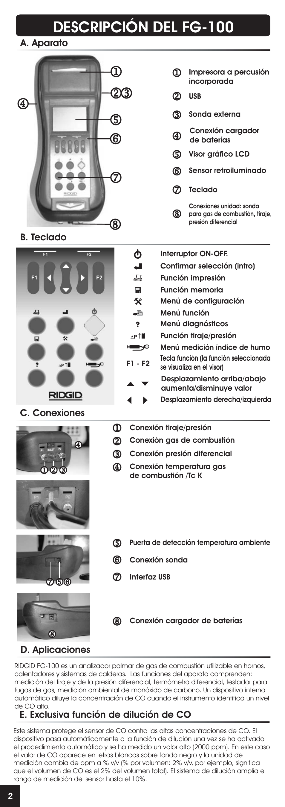 Descripción del fg-100, A. aparato b. teclado c. conexiones, D. aplicaciones | E. exclusiva función de dilución de co | RIDGID FG-100 User Manual | Page 31 / 95