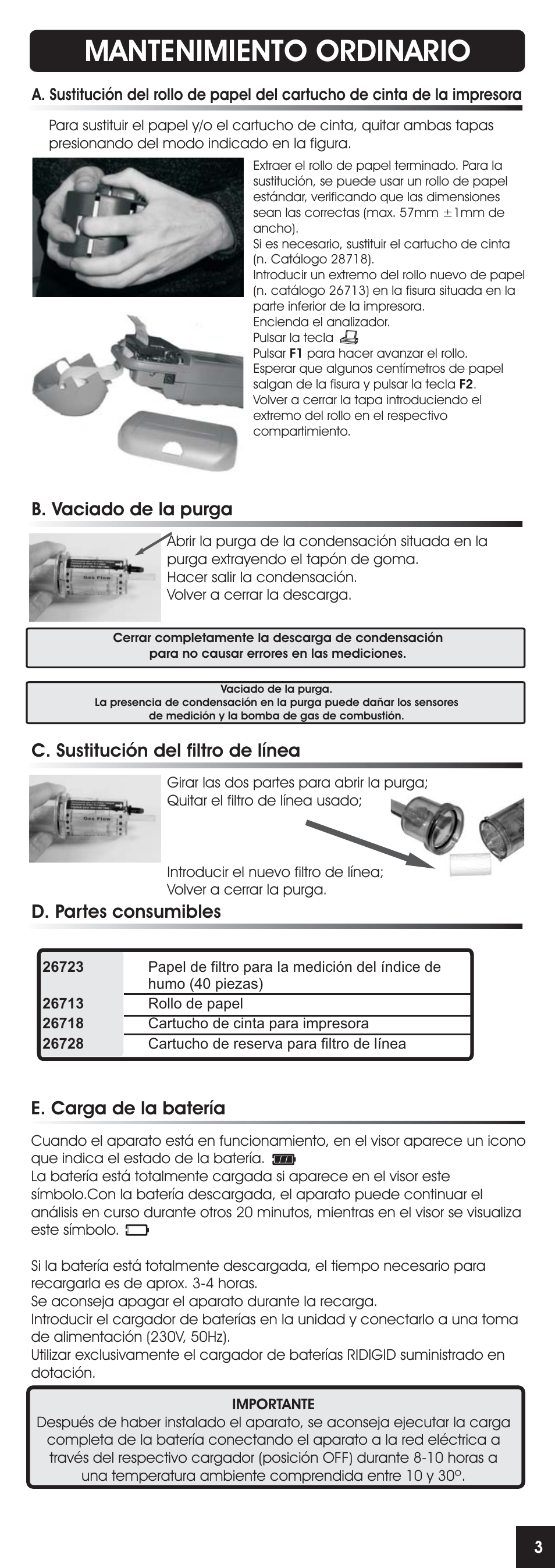 Mantenimiento ordinario, C. sustitución del filtro de línea, D. partes consumibles | B. vaciado de la purga, E. carga de la batería | RIDGID FG-100 User Manual | Page 32 / 95