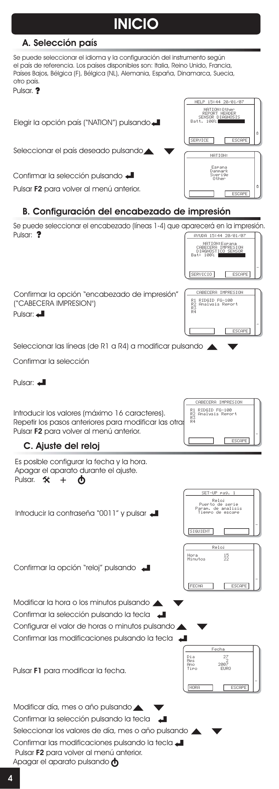 Inicio, A. selección país, Pulsar | RIDGID FG-100 User Manual | Page 33 / 95