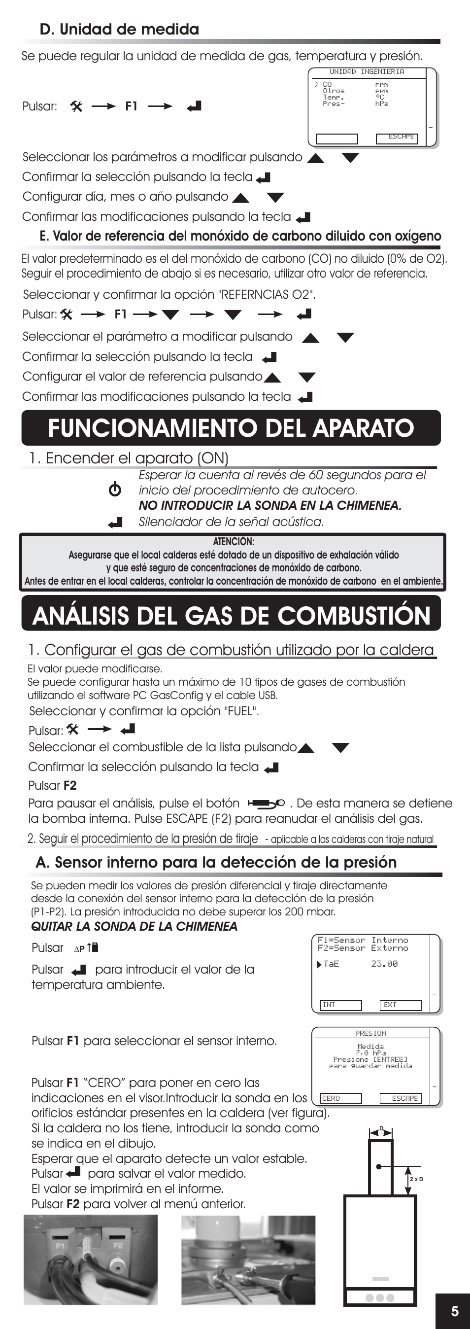 Funcionamiento del aparato, Análisis del gas de combustión, Encender el aparato (on) | D. unidad de medida, A. sensor interno para la detección de la presión, Seguir el procedimiento de la presión de tiraje | RIDGID FG-100 User Manual | Page 34 / 95