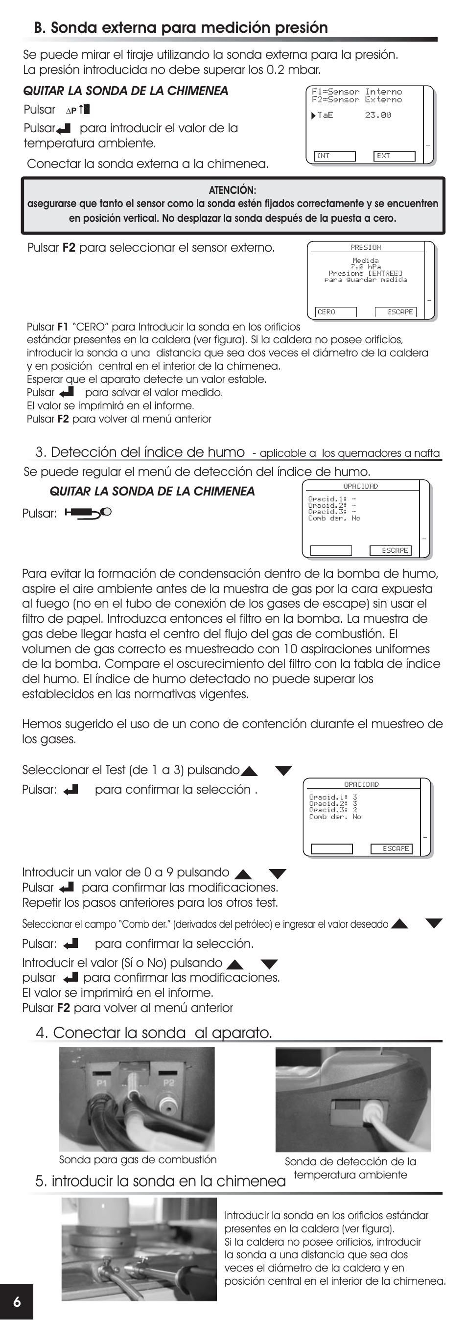 B. sonda externa para medición presión, Detección del índice de humo, Quitar la sonda de la chimenea | Pulsar | RIDGID FG-100 User Manual | Page 35 / 95