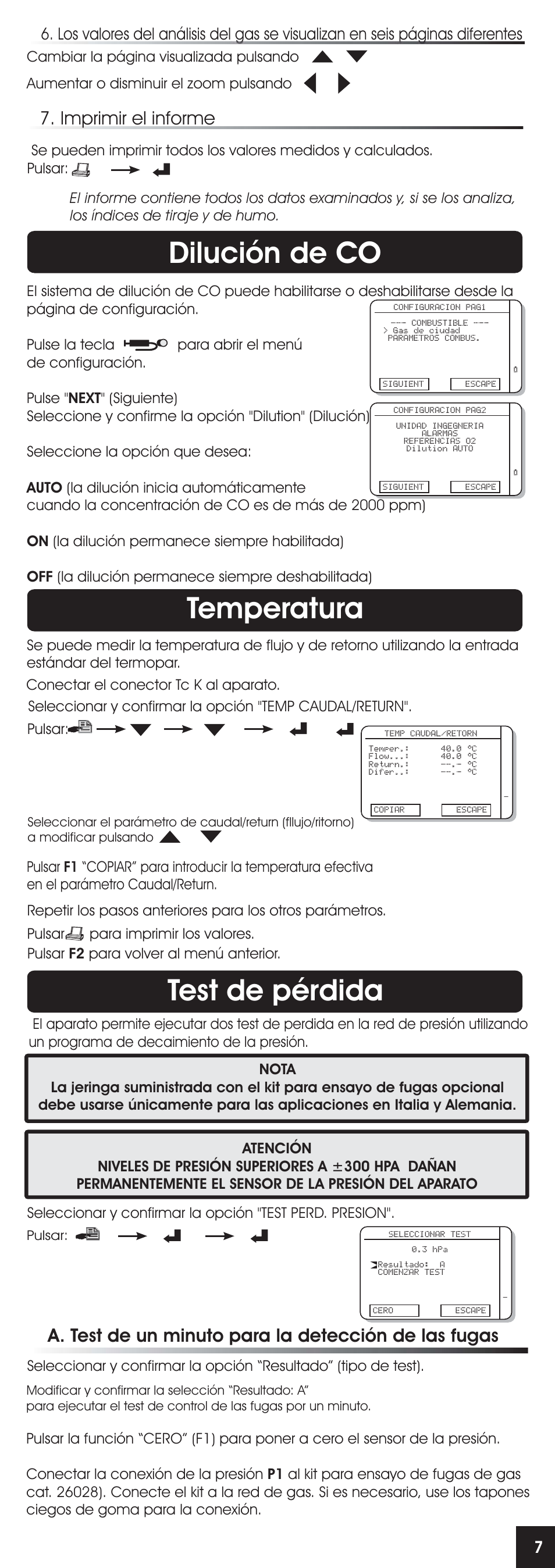 Dilución de co, Test de pérdida temperatura, Imprimir el informe | RIDGID FG-100 User Manual | Page 36 / 95
