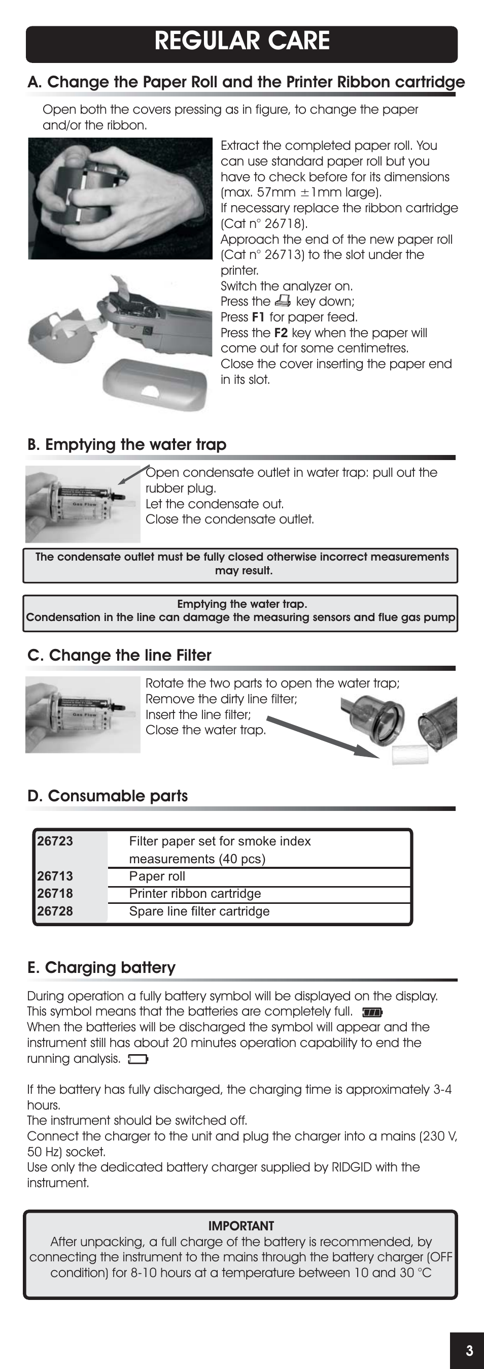 Regular care, C. change the line filter, D. consumable parts | B. emptying the water trap, E. charging battery | RIDGID FG-100 User Manual | Page 4 / 95