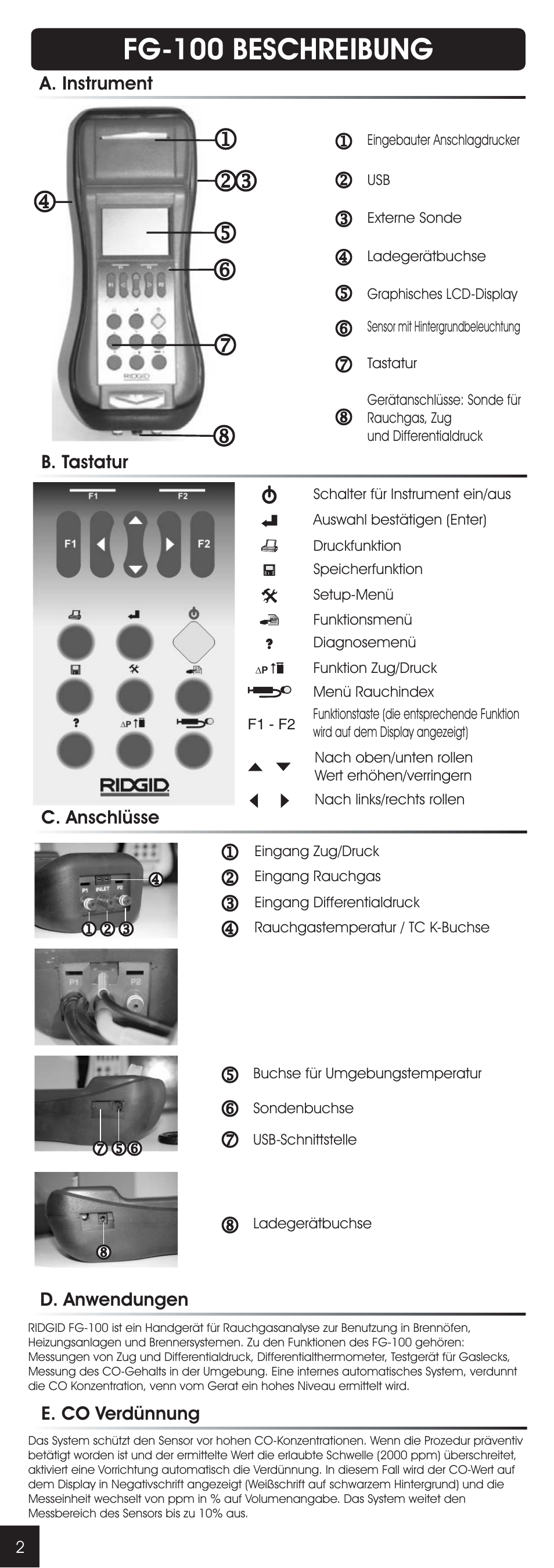 Fg-100 beschreibung, A. instrument b. tastatur c. anschlüsse, D. anwendungen | E. co verdünnung | RIDGID FG-100 User Manual | Page 40 / 95