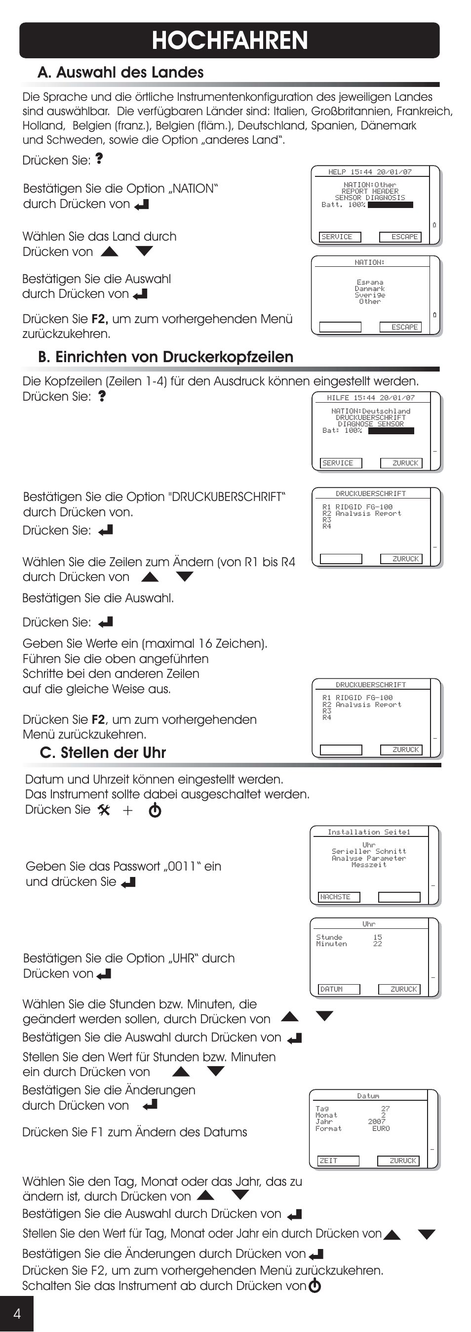 Hochfahren, A. auswahl des landes, Drücken sie | RIDGID FG-100 User Manual | Page 42 / 95