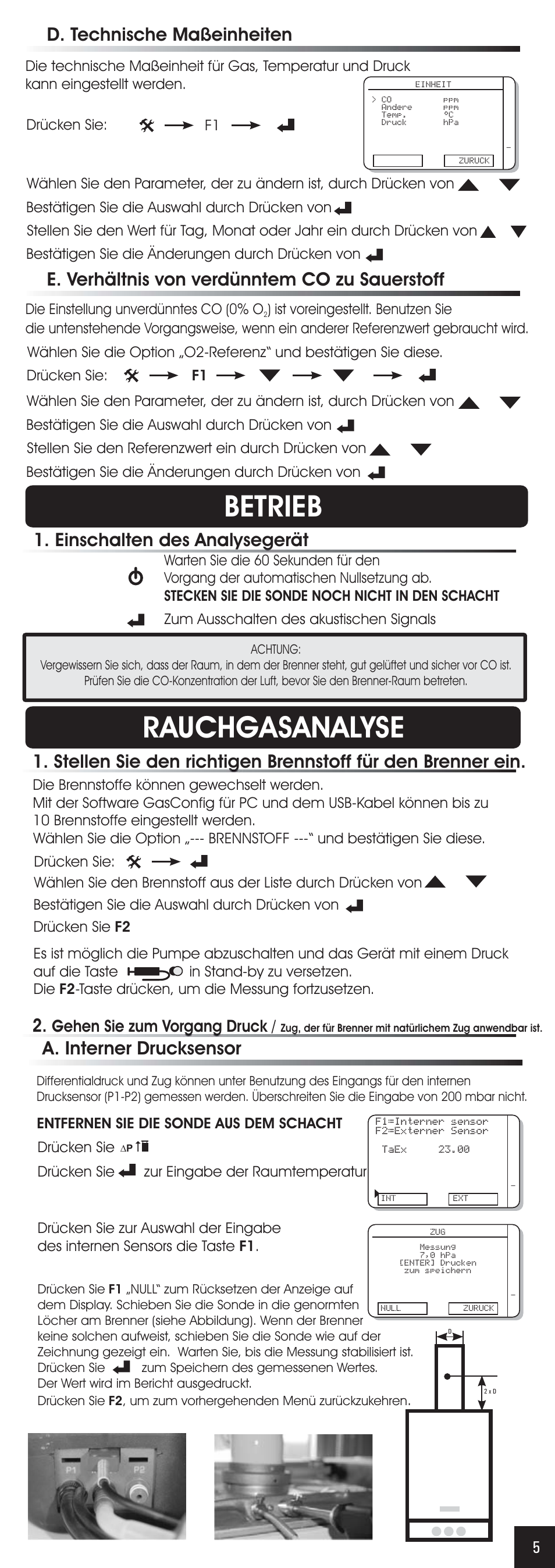 Betrieb, Rauchgasanalyse, E. verhältnis von verdünntem co zu sauerstoff | Einschalten des analysegerät, D. technische maßeinheiten, A. interner drucksensor, Gehen sie zum vorgang druck | RIDGID FG-100 User Manual | Page 43 / 95